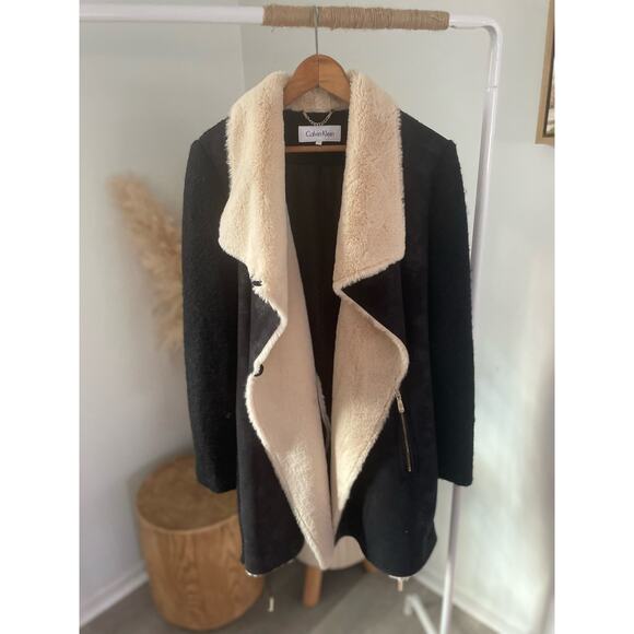 Calvin Klein Black Faux Fur Shearling Coat Size XL Draped Jacket Glam Plush Fall - Picture 5 of 8